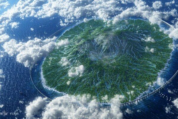 Die Insel aus der Vogelperspektive in den Wolken
