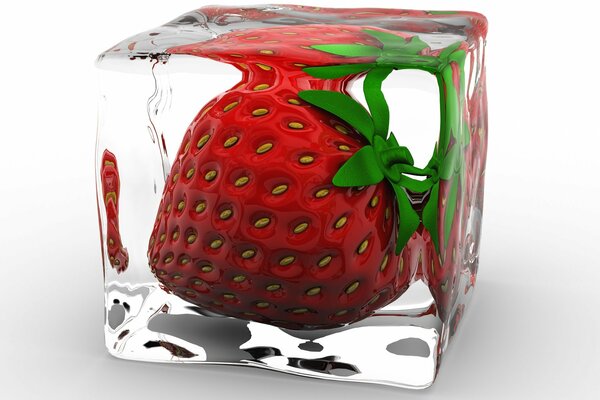 Strawberries in an ice cube