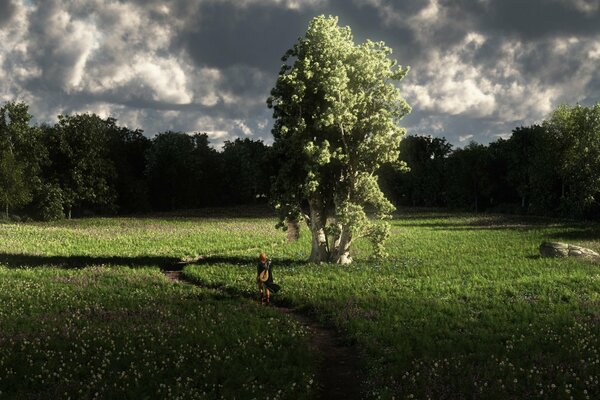 Naturkunstbaum im Feld auf Himmelshintergrund