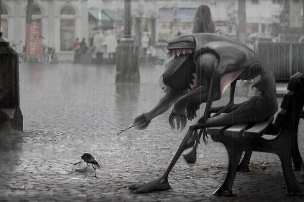 A creature in the rain is playing with a beetle