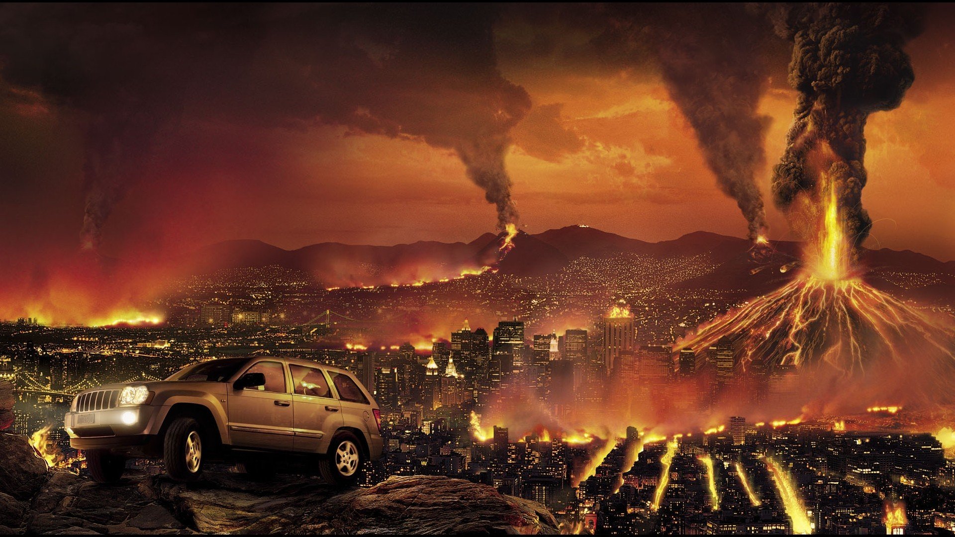 jeep grand cherokee ciudad destrucción coche volcanes fuego edificios apocalipsis