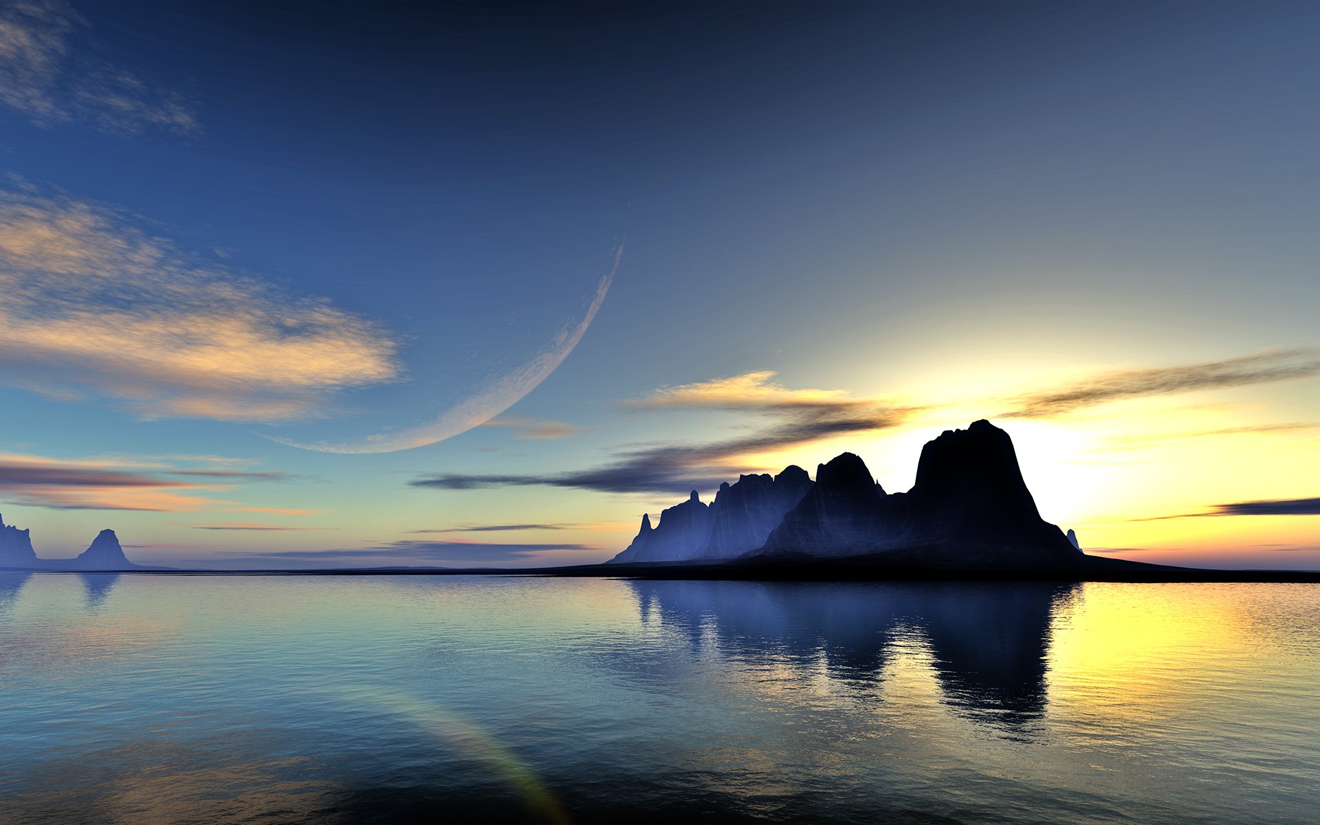 arte lightdrop paisaje agua rocas lago planeta puesta de sol reflexión nubes