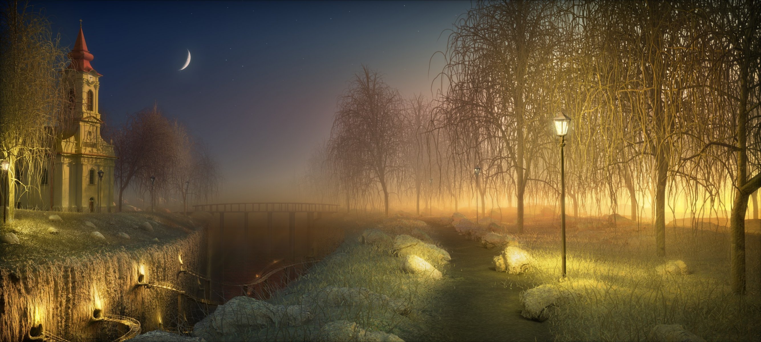 kapelle nacht monat lichter licht brücke graben gehweg bäume