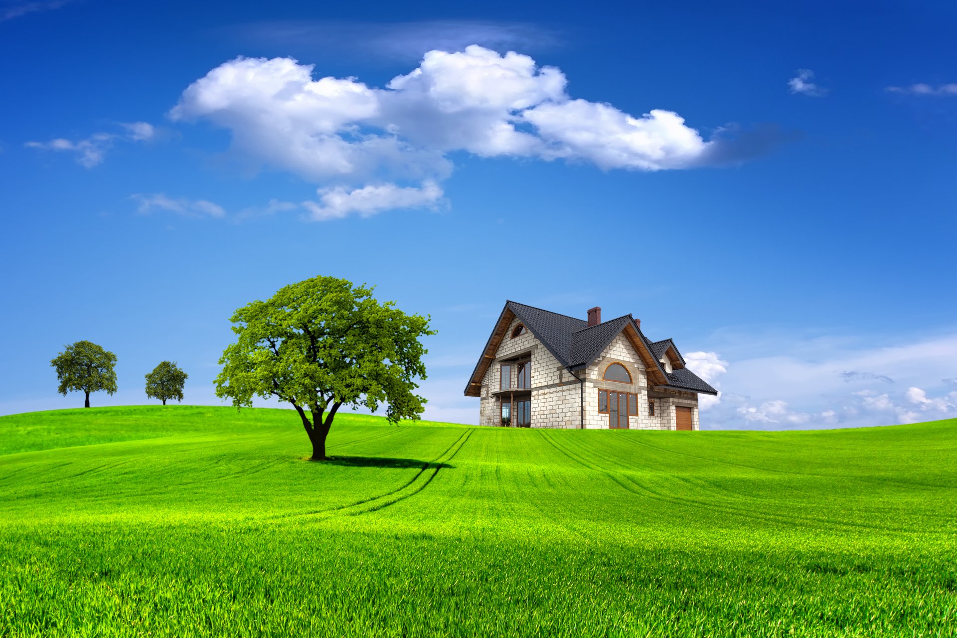 landscape nature summer house house trees tree sky clouds field grass summer home