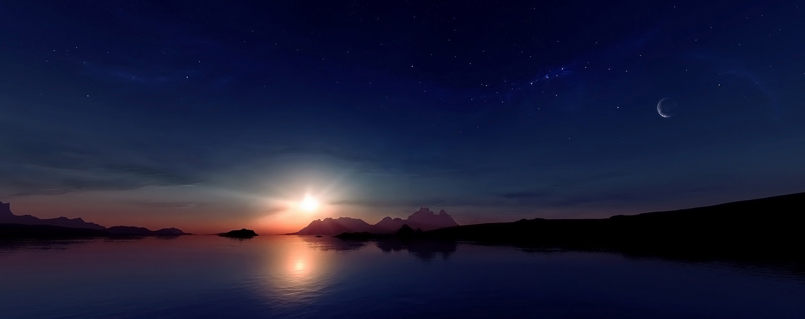 soleil coucher de soleil montagnes lune étoiles réflexion montagne