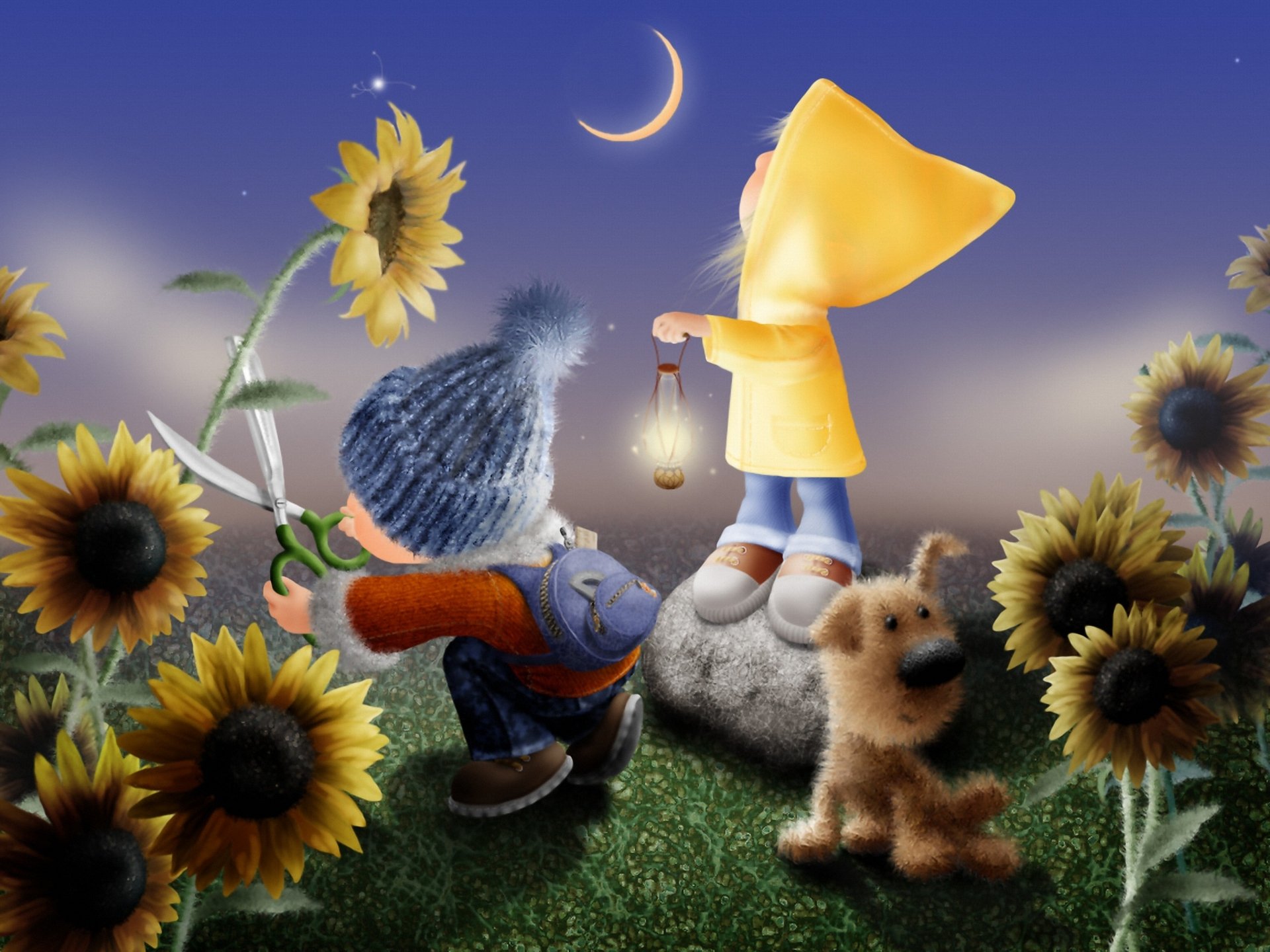 enfants nuit mois tournesols chien art