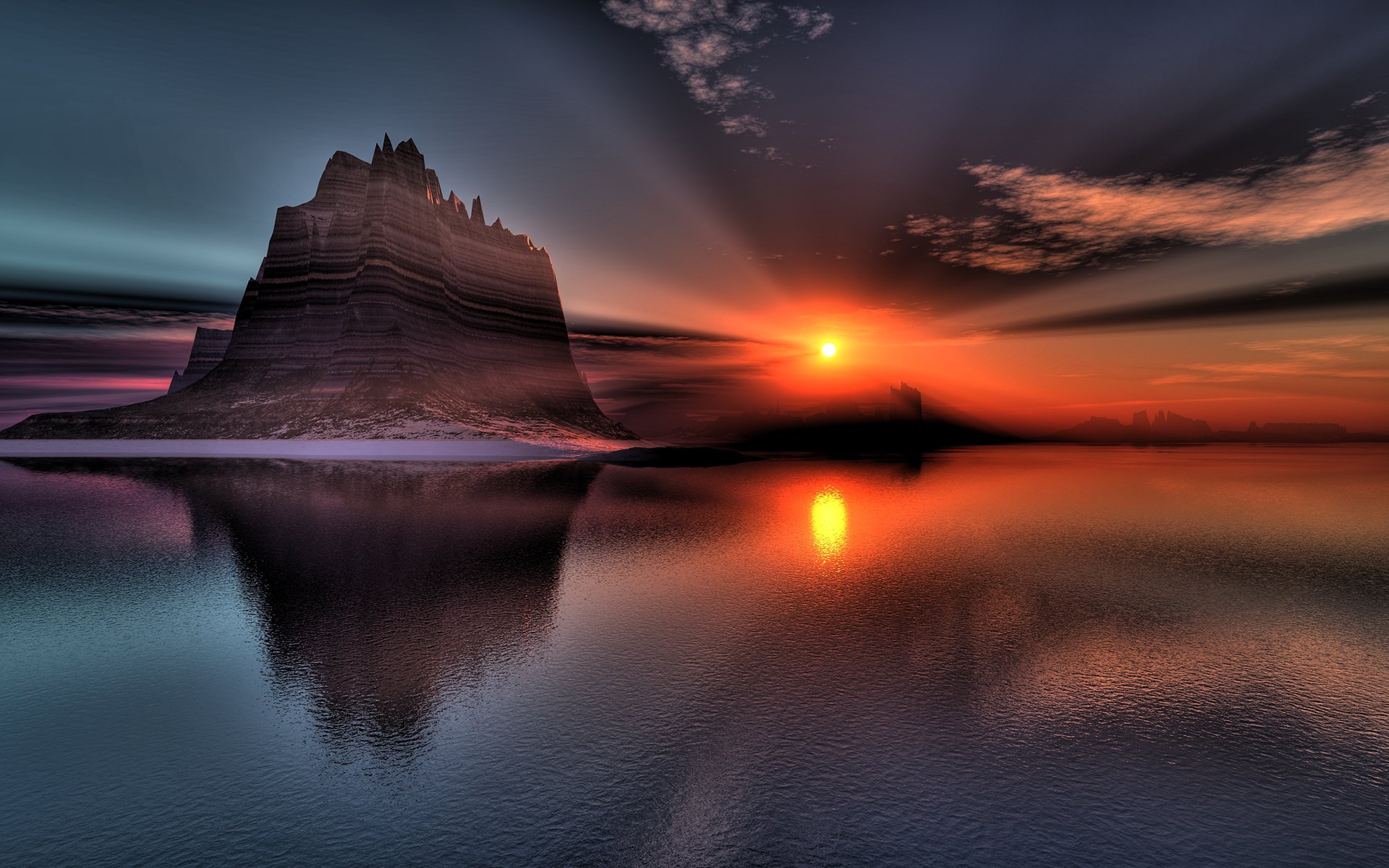 art lightdrop le paysage les rochers les nuages coucher de soleil soleil eau lac réflexion le soir