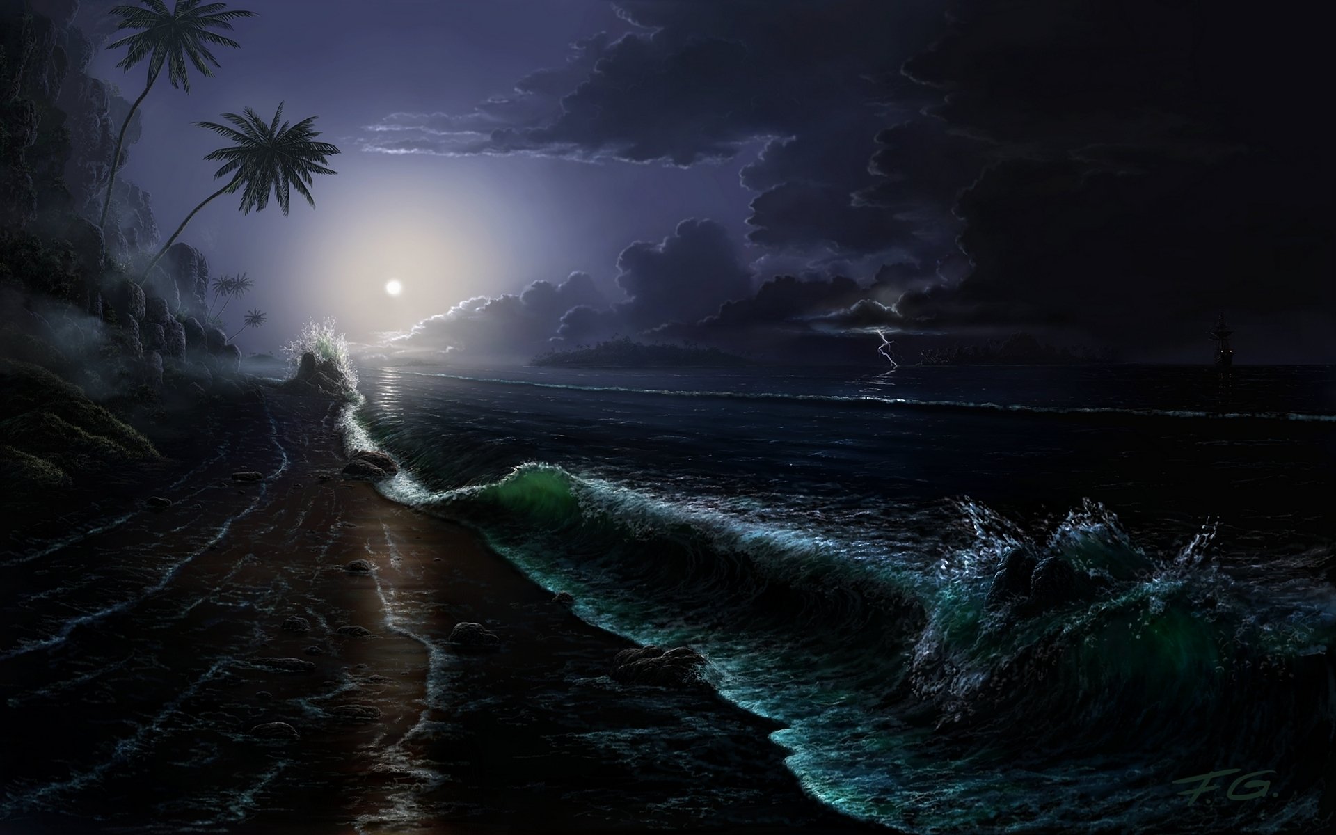 art fel-x night sea waves island moon ship sailboats palm clouds lightning storm rock stones coast