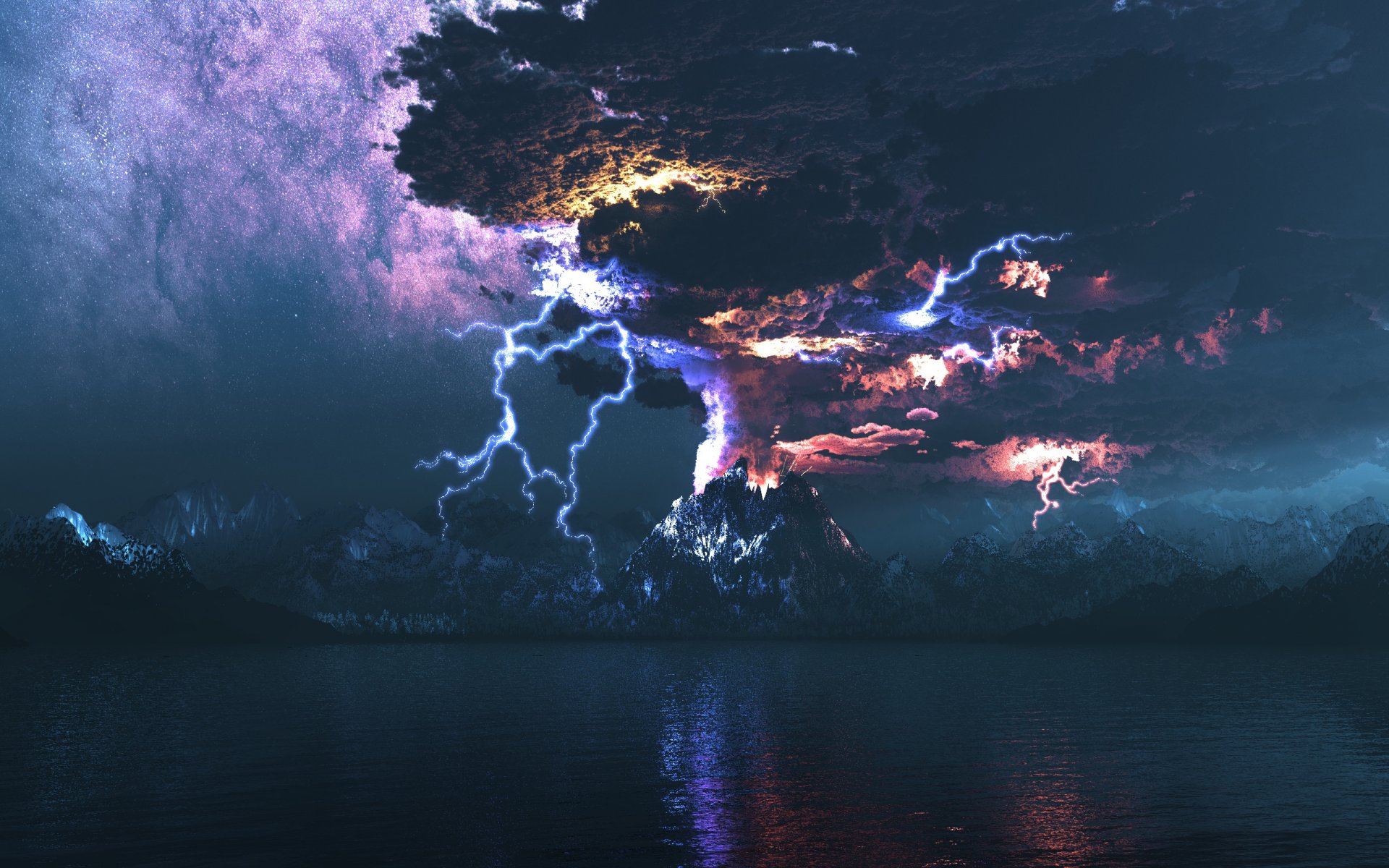 dodenfell digital night volcano eruption lightning