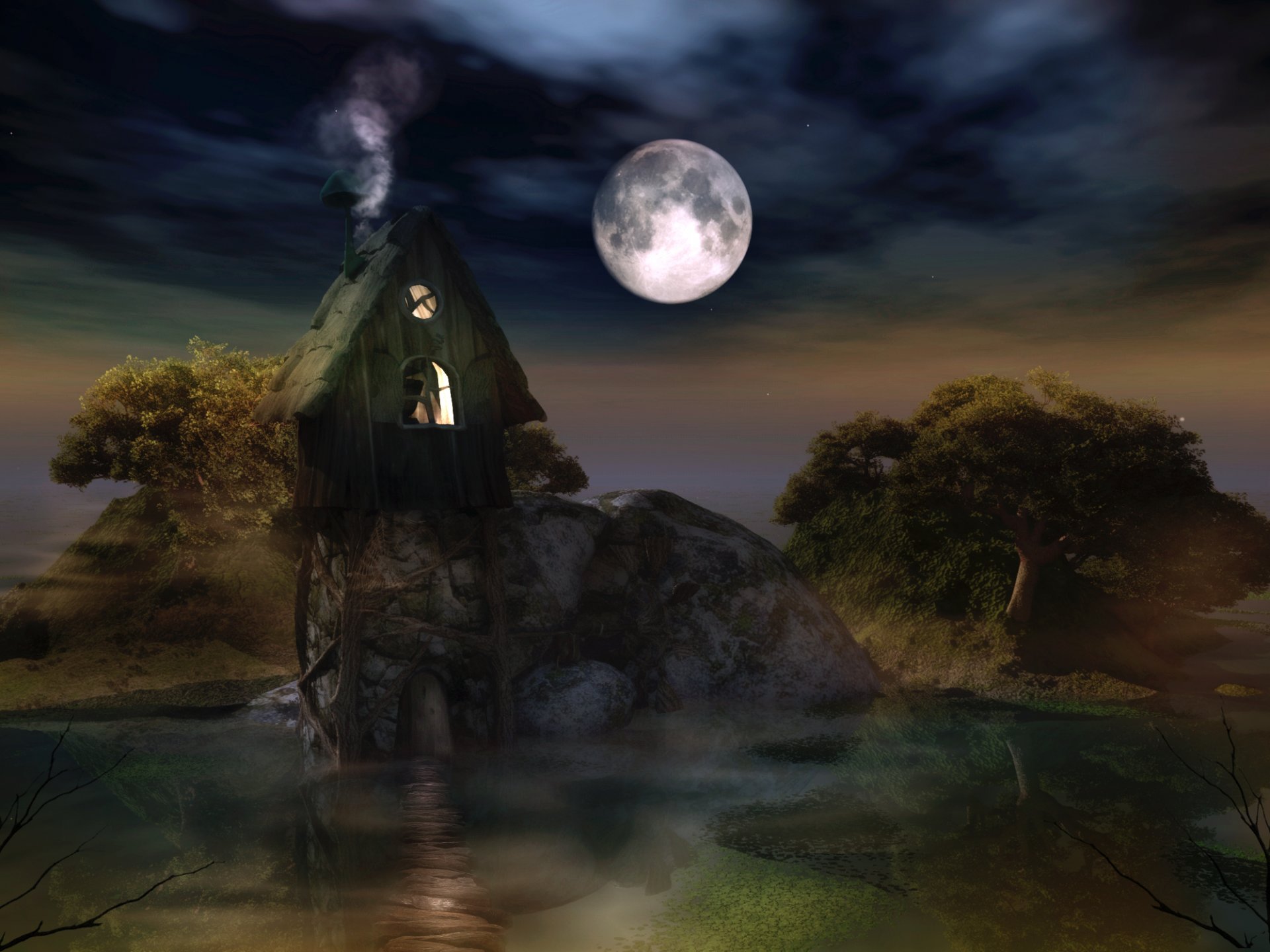 chalet smoke moon tree night water darkne