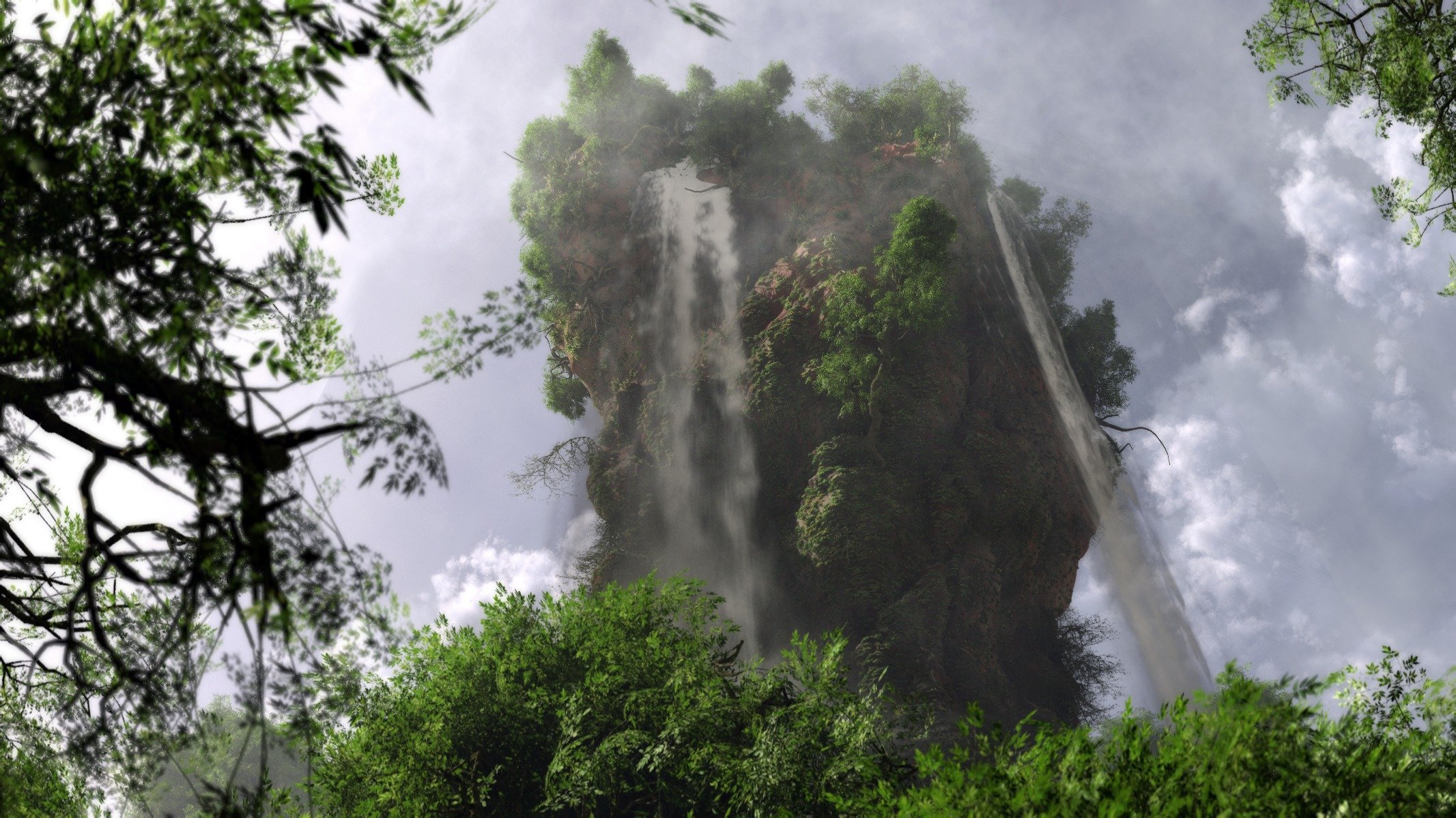 kunst klontak landschaft natur bäume felsen berg wasserfall laub