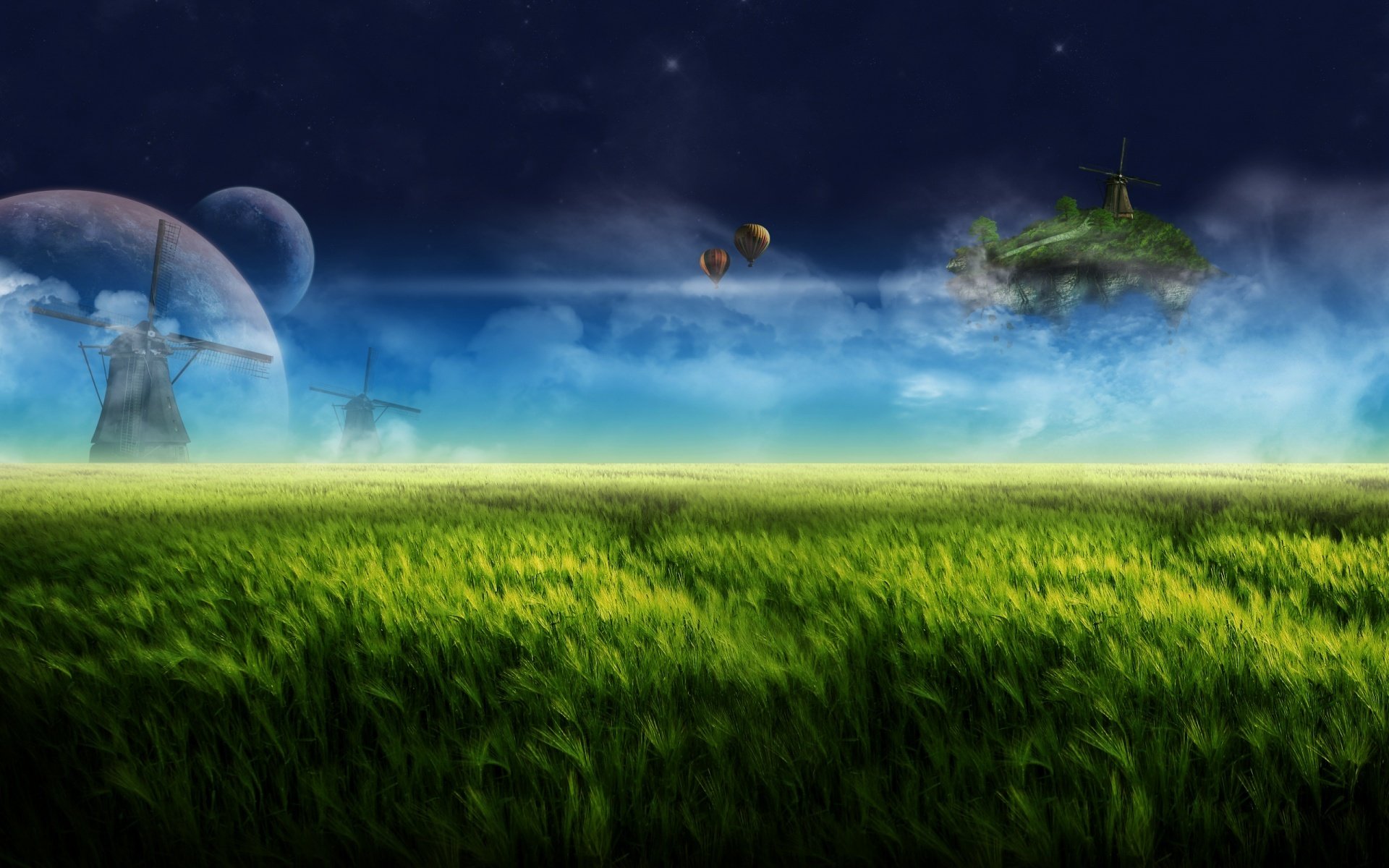 wallpaper digital farm fantasy landscape pastures moonlight dream sky night clouds fly island mill planets fantasy grass meadows flying island balloon