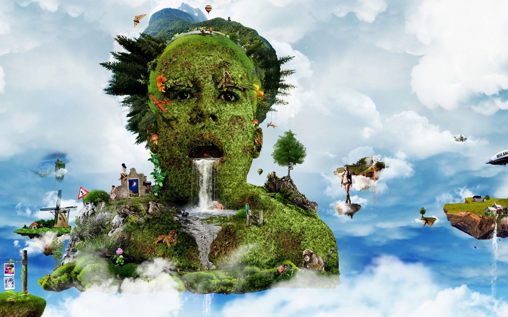 background sky clouds head face grass mouth vodapady animals people birds islands equipment forest mountain