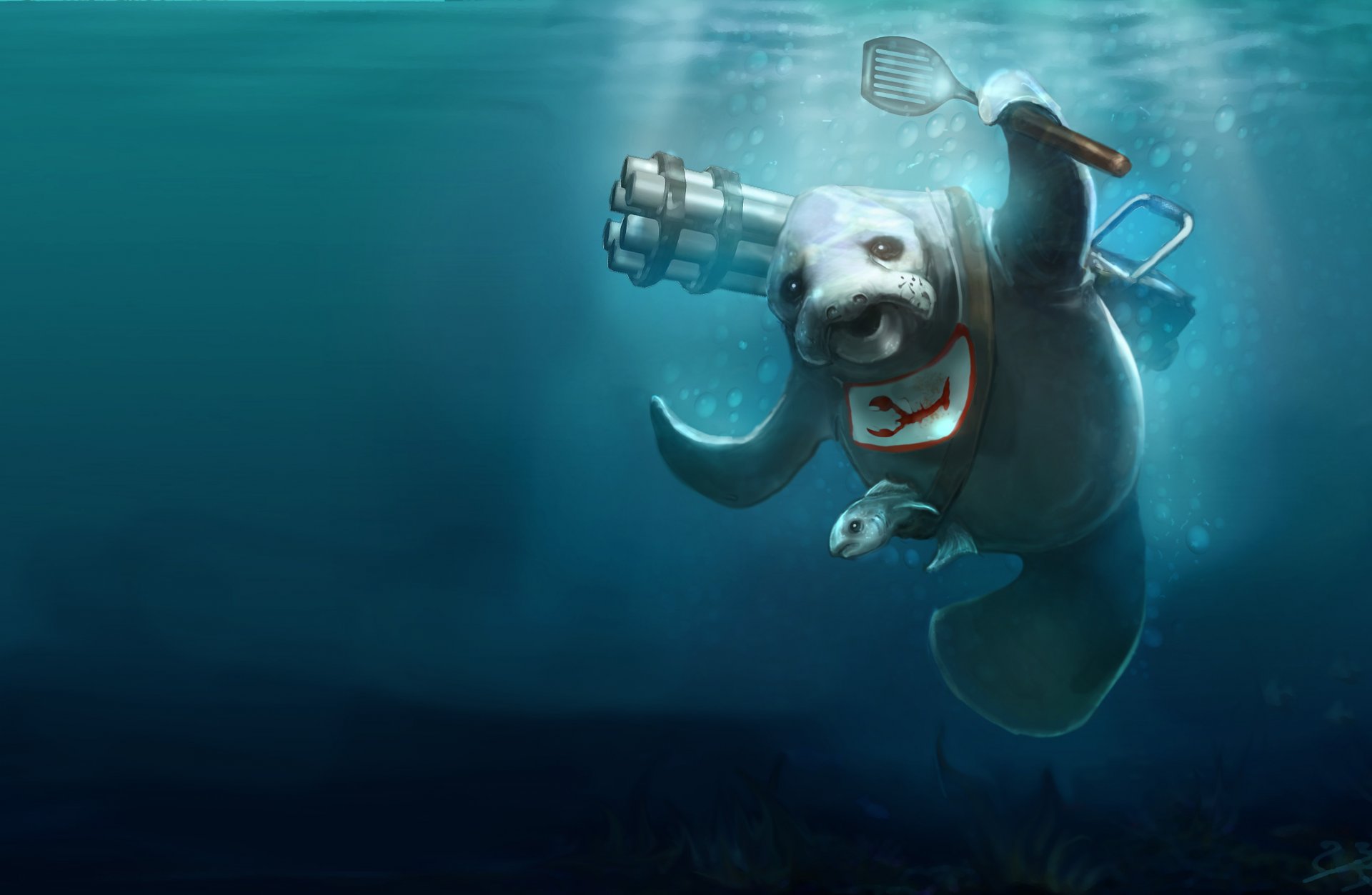 manatee sea cow fish apron minigun gatling blade kitchen rendering blue background