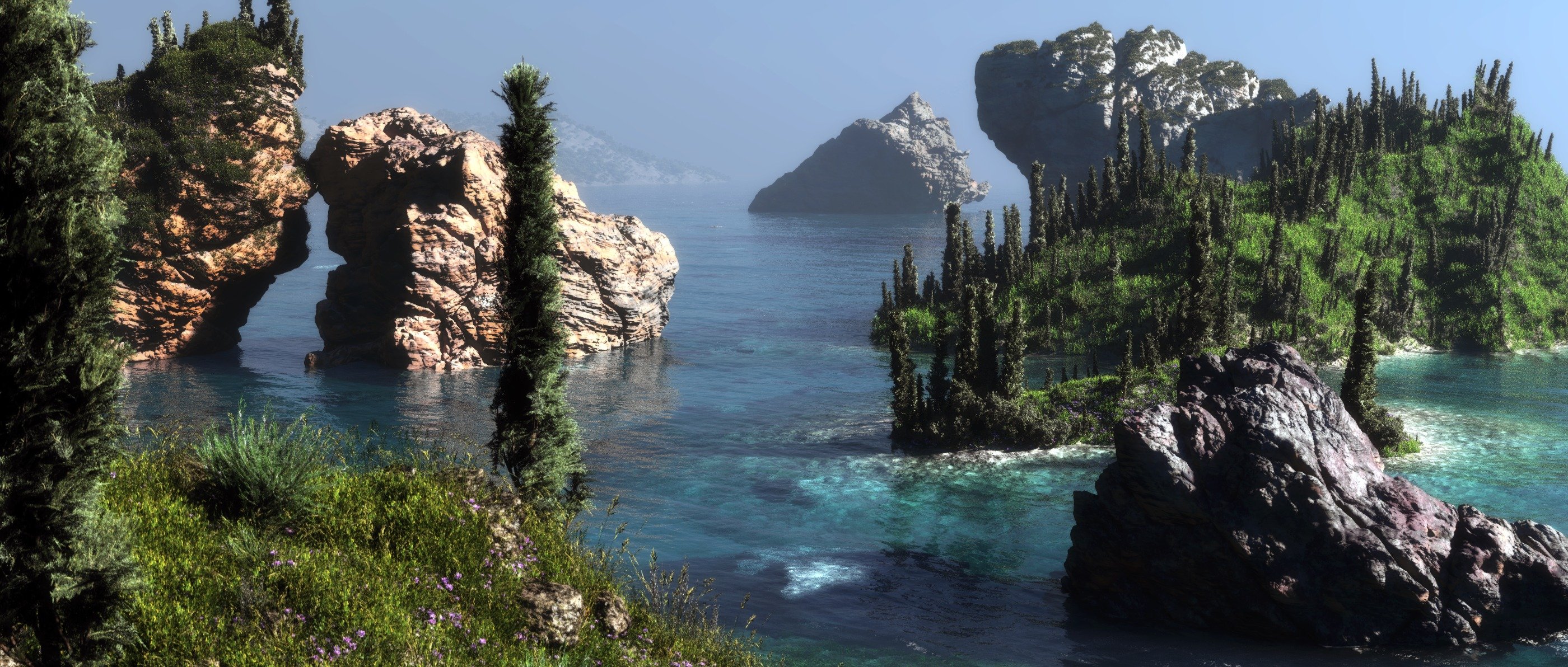 arte klontak paesaggio mare rocce foresta colline fiori