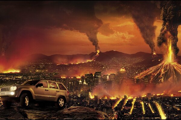 Jeep on the background of the apocalypse and volcanoes