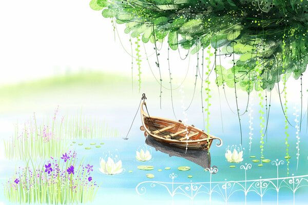 Drawing of a boat in a lake with water lilies