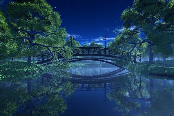 Paisaje nocturno del parque con el puente sobre el río