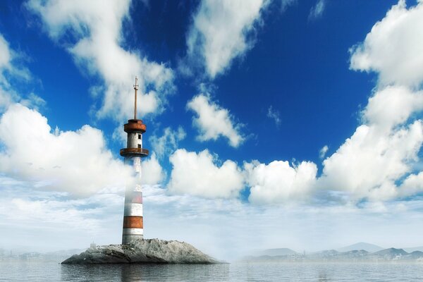 Leuchtturm auf der Insel in den Wolken