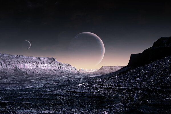 Fantastique paysage de montagne avec les planètes