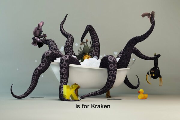 Kraken im Schaumbad mit Spielzeug