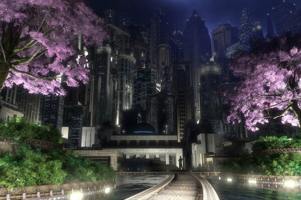 Cyfrowe miasta i światła kwitnących drzew
