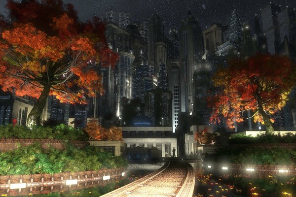 Autumn in a night city lit by lights