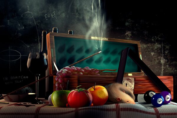 Still life with a rat, aroma sticks and billiard balls in 3d graphics