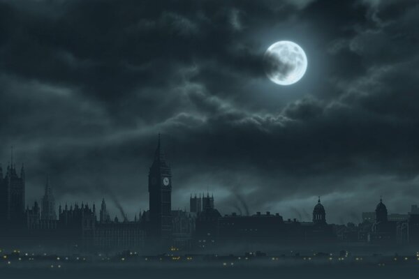Картинка серого Лондона с яркой луной