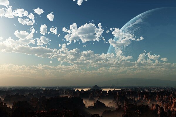 Paysage avec une planète dans le ciel fonds d écran