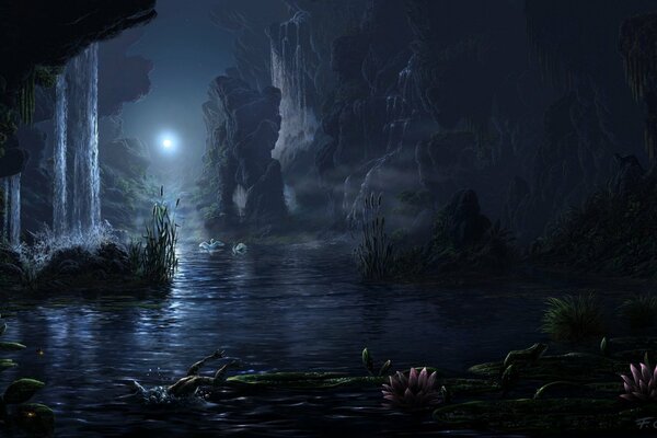Водопад ночью и светящиеся луна