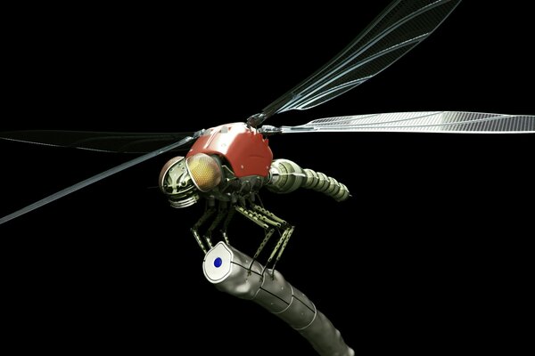 Металлическая робот-стрекоза с большими крыльями