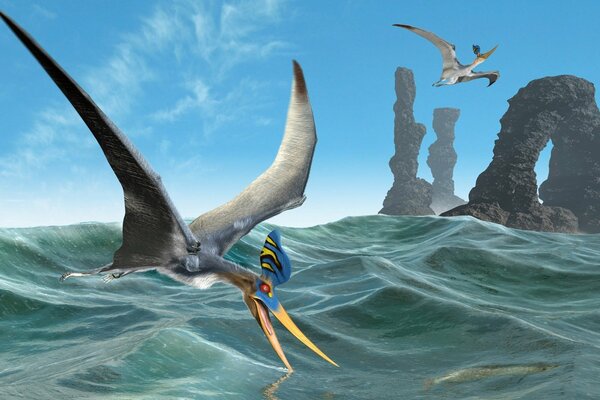 Flight of a pterodactyl on the waves of the sea