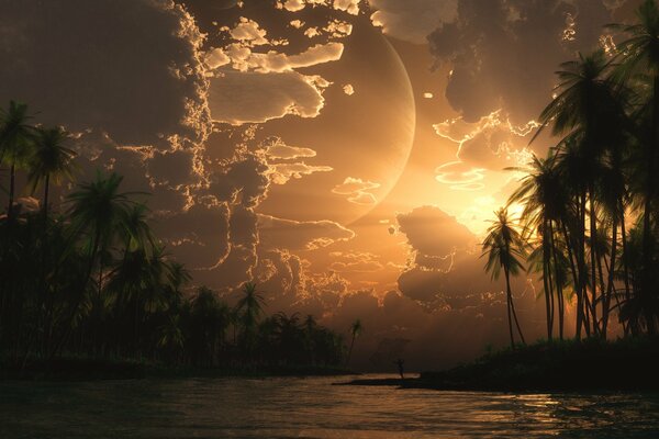 Beautiful sunset. Island and palm trees