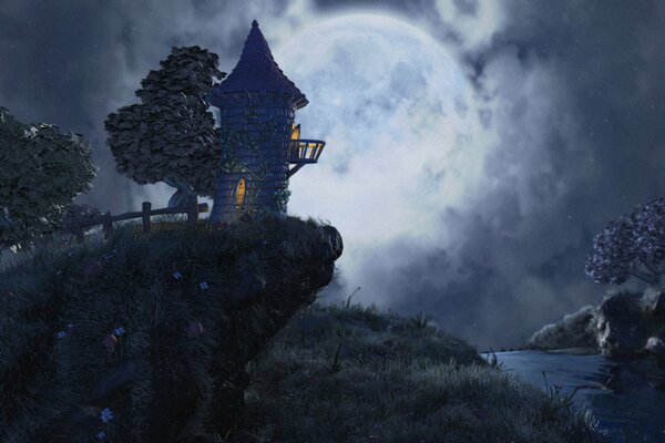 Башня над речкой лунной ночью