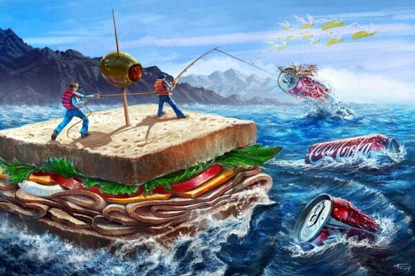 Fishing people in the sea on sandwiches catch Coca Cola