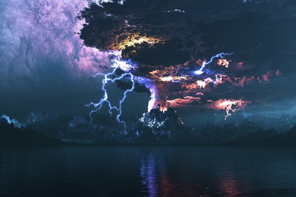 Извержение вулкана в ночном небе