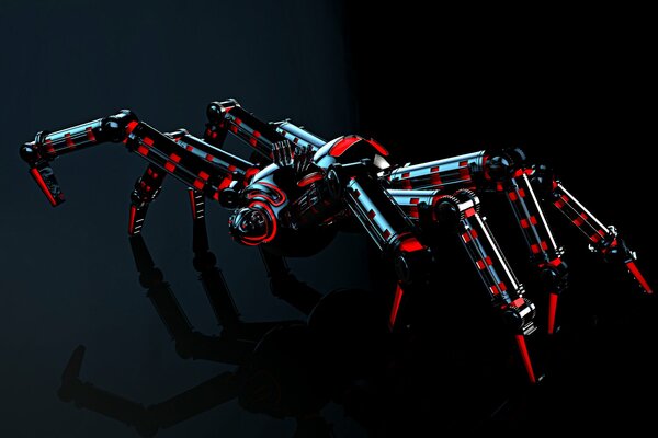 Металлический робот паук с красной подсветкой