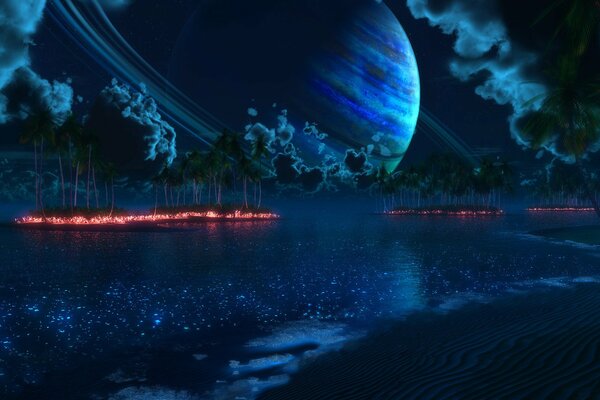 Фантастической изображение планеты на фоне ночных огней