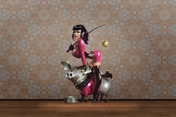 A girl in pink latex with a fishing rod and an apple riding a pig