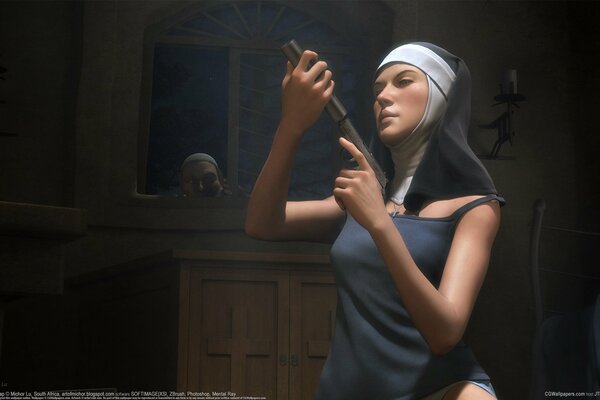 A girl in a T-shirt and a nun s headdress, with a gun