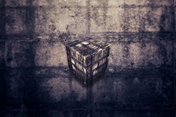 A cube in dirty dark colors. drawing