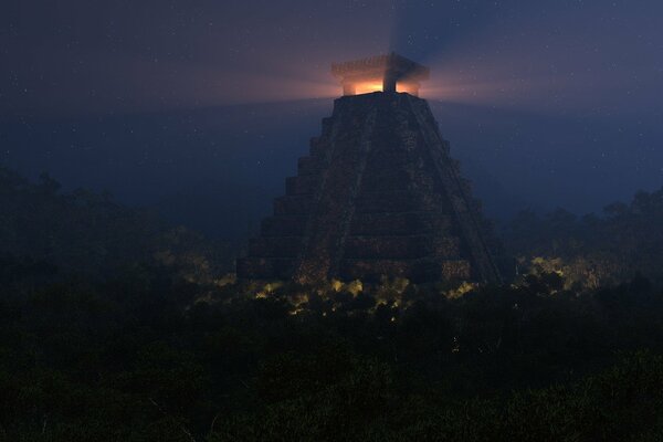 Nachtwald. Antike Pyramide mit Licht an der Spitze