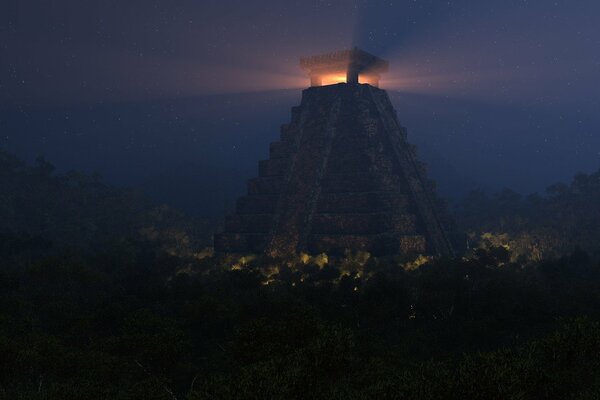 Ночной лес. Старинная пирамида со светом на вершине
