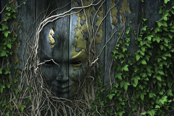 A face peeking through a fence overgrown with greenery