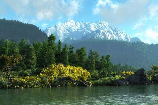 La forêt sur fond de montagnes enneigées