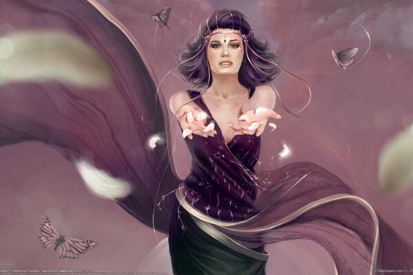 Arte, donna che allunga le mani su uno sfondo di cielo viola con farfalle svettanti