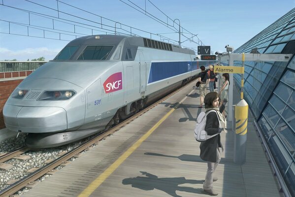 Tren de alta velocidad y chica en la estación de tren