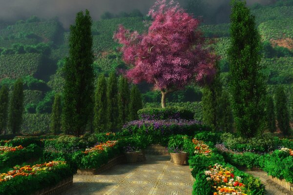 Purple tree in the middle of flowerbeds with greenery