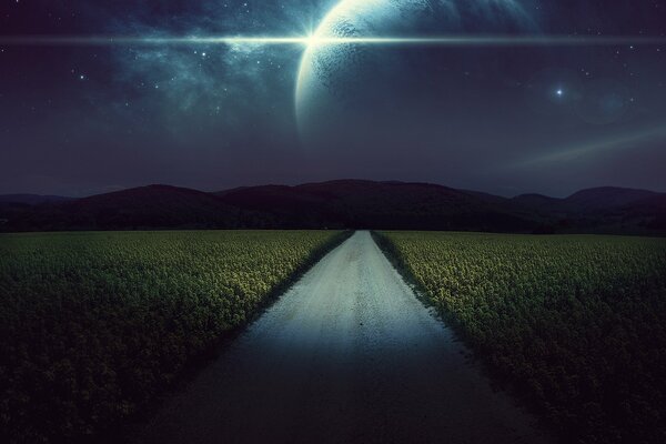 Camino nocturno en el campo, bajo las estrellas brillantes